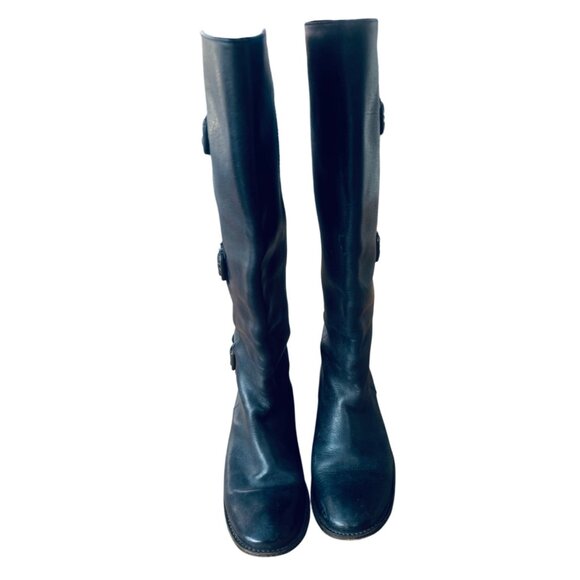 Frye Black Leather Knee-High Riding Boot Buckle Harness 5.5 Western Boho Cottage - Picture 2 of 15